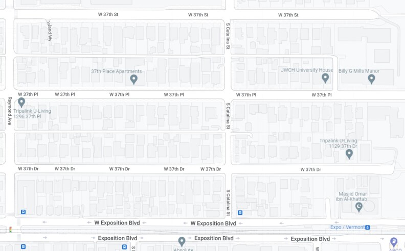 A screenshot of Google maps view of the three 37th roads by Raymond Avenue and Exposition Boulevard. They are horizontal roads placed consecutively on the map.