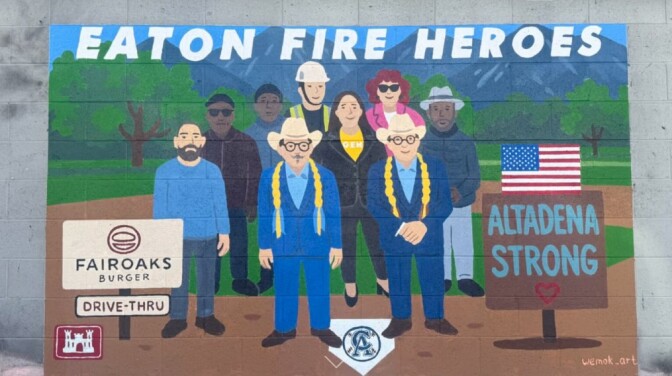 A mural featuring 9 people on a baseball diamond next to signs reading "Fairoaks Burger" and "Altadena Strong."