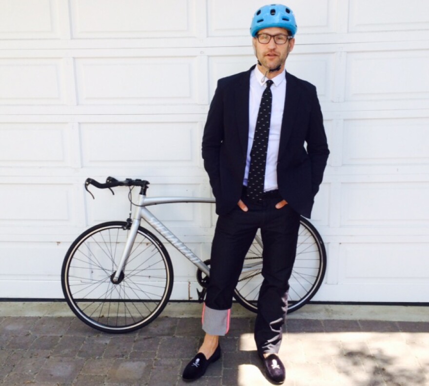 "Mad Men" writer Tom Smuts wearing his bike-friendly tux. Smuts is organizing a group of Emmy nominees to ride their bikes to the Emmys. 