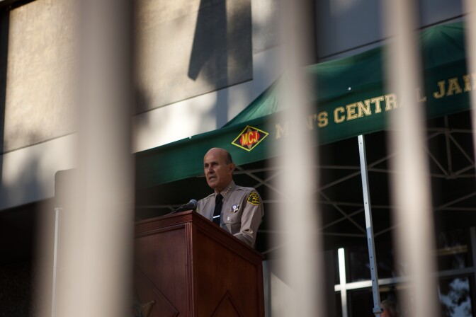L.A. County Sheriff Lee Baca takes part in a memorial ceremony for a slain deputy at Men's Central Jail in Downtown Los Angeles in this photo from December 2011.