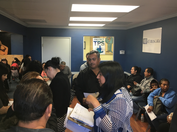 The crowded waiting room at El Rescate, a community organization and legal clinic just outside downtown Los Angeles, which recently held Saturday legal screenings for immigrants with Temporary Protected Status. Roughly 260,000 immigrants from El Salvador were the latest to learn that their protection will end next year. Some have been in the country for decades. President Trump has also canceled TPS protection for immigrants from Haiti, Nicaragua, and Sudan.