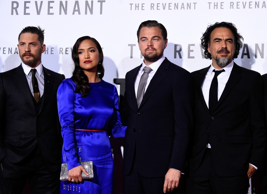 HOLLYWOOD, CA - DECEMBER 16:  (L-R) Actors Tom Hardy, Grace Dove, Leonardo DiCaprio and filmmaker Alejandro Gonzalez Inarritu attend the premiere of 20th Century Fox and Regency Enterprises' "The Revenant" at the TCL Chinese Theatre on December 16, 2015 in Hollywood, California.  (Photo by Frazer Harrison/Getty Images)
