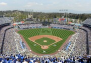 View of a game between the San Francisco Giants and the Los Angeles Dodgers on opening day at Dodger Stadium on April 4, 2014.  