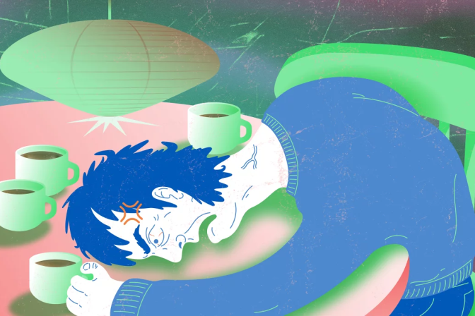 An illustration of an angry with 4 cups of coffee on the table. He appears to be sleep deprived