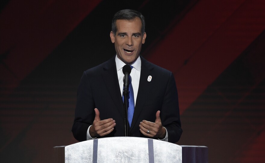 Los Angeles Mayor Eric Garcetti during the final day of the 2016 Democratic National Convention on July 28, 2016, at the Wells Fargo Center in Philadelphia, Pennsylvania.