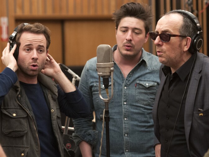 Taylor Goldsmith, Elvis Costello and Marcus Mumford in LOST SONGS: THE BASEMENT TAPES CONTINUED. Photo - Merrick Morton/Courtesy of SHOWTIME