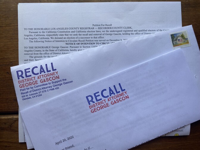 An envelope and letter have "Recall District Attorny George Gascon" in red and blue lettering.