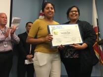 Los Angeles Unified School Board member Mónica García congratulates recent graduate Esmerelda Lugo during a ceremony at the district's headquarters on Tuesday, June 21, 2016.