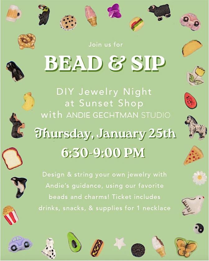 A green flyer for Bead & Sip with small beads of food, animals and flowers circle around the corners. 