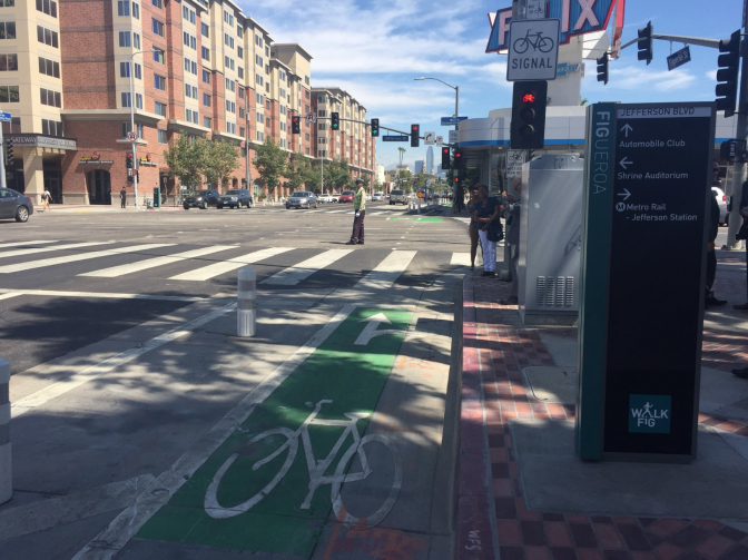 The My Figueroa project has officially opened on four miles of the busy street between downtown LA and the USC/Exposition Park area, adding bike lanes, wider sidewalks, new crosswalks and landscaping.