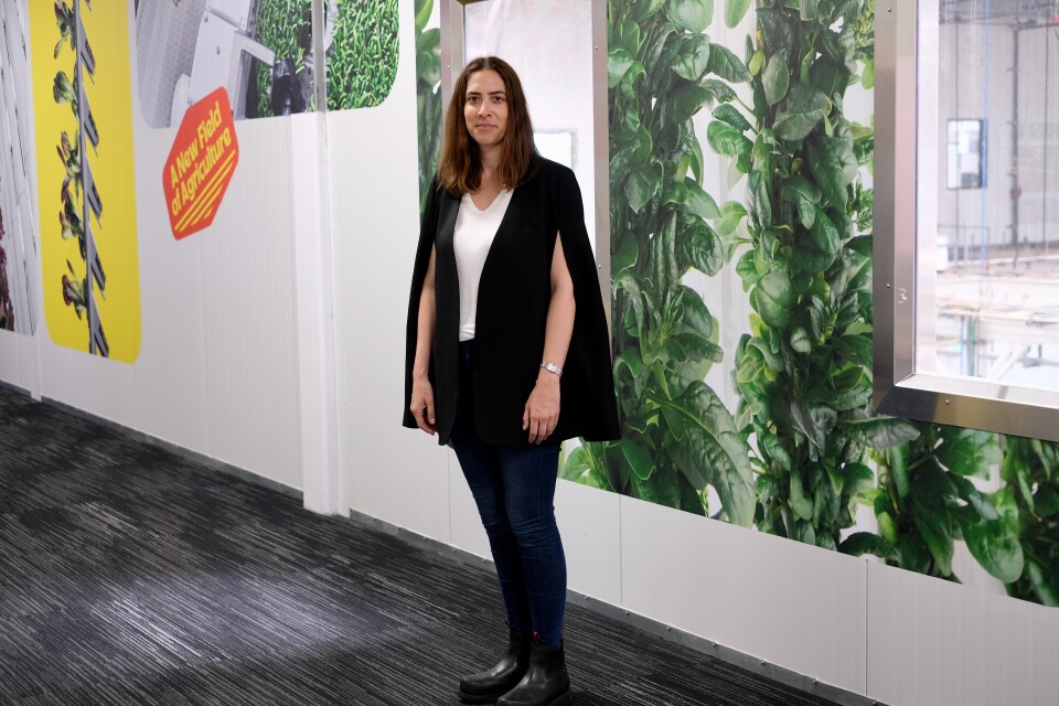 A white woman with shoulder length straight brown hair wears a black shawl over a white shirt and jeans and black boots. She's centered in the frame and the background is a white wall with windows and large images of leafy greens. 