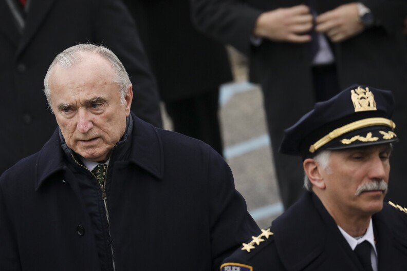 HAMPTON BAYS, NY - FEBRUARY 20: Former New York City Police Commissioner William 'Bill' Bratton exits the church following the funeral service of fallen NYPD Detective Brian Simonsen at the Church of St. Rosalie, February 20, 2019 in Hampton Bays, New York. Thousands of area police officers and law enforcement personnel attended the funeral. Simonsen was killed by friendly fire while responding with fellow NYPD officers to a robbery at a store in Queens last week. Simonsen is survived by his wife and mother and will be interned at Jamesport Cemetery  in nearby Riverhead, New York. (Photo by Drew Angerer/Getty Images)