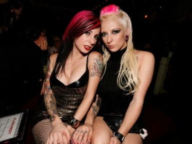 Porn stars Joanna Angel (L) and Jessie Lee (R) attend the 2009 Fleshbot Awards at The Box in New York City.