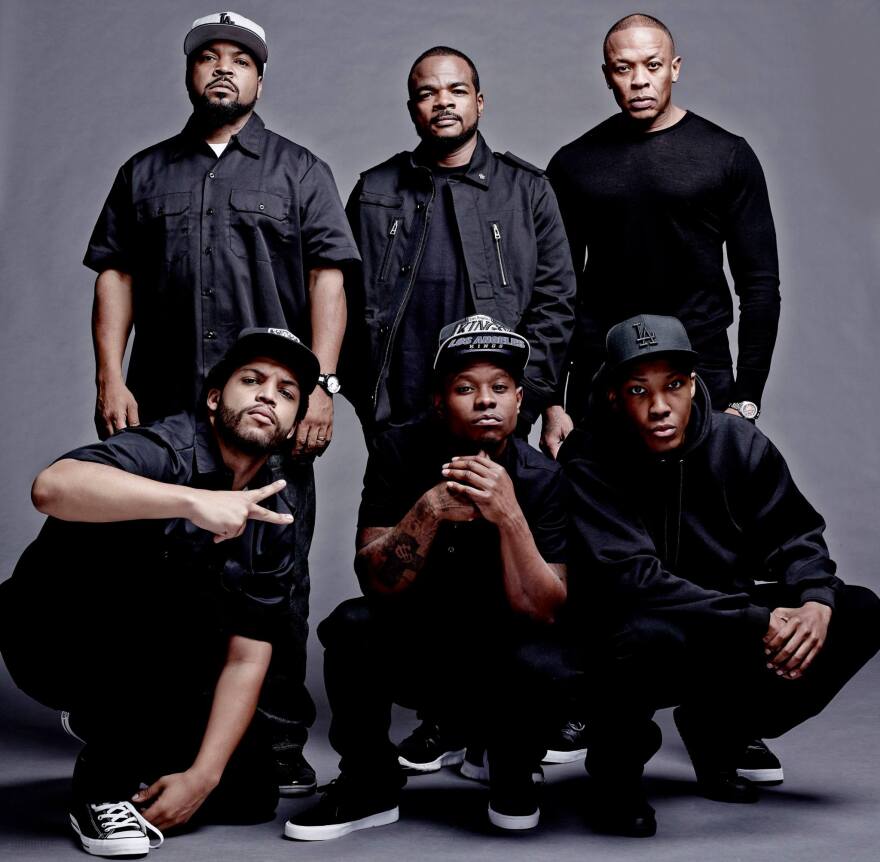 From top left: Ice Cube, F. Gary Gray, Dr. Dre, Corey Hawkins (Dr. Dre), Jason Mitchell (Eazy-E), and O'shea Jackson, Jr. (Ice Cube).