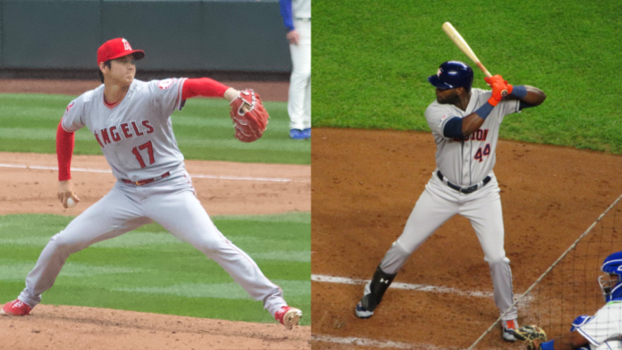 A split screen of two baseball players. On the left, Shohei Ohtani, wearing a gray uniform with a red cap with the word Angels and the number 17 in red across the front, throws a pitch. On the left, Astros hitter Yordan Álvarez stands in the batter's box at home plate with his bat raised in preparation for a pitch.