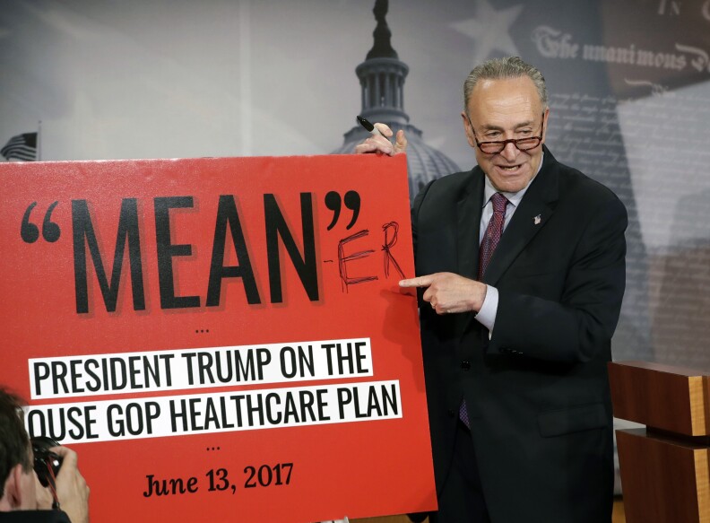 Senate Minority Leader Chuck Schumer, D-N.Y., responds to the release of the Republicans' healthcare bill which represents the long-awaited attempt to scuttle much of President Barack Obama's Affordable Care Act, at the Capitol in Washington, Thursday, June 22, 2017.   (AP Photo/J. Scott Applewhite)