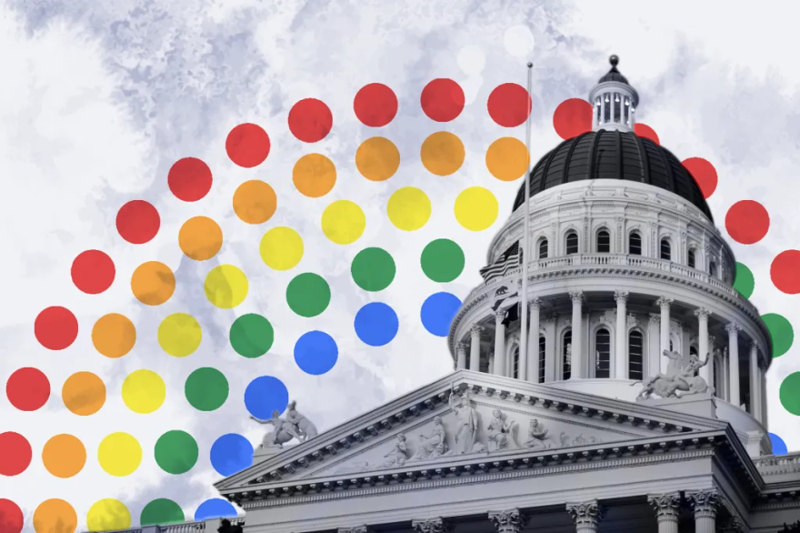 A black and white image of the Sacramento state capitol building with a large, columned dome structure leading up to a white parapet at its peak sits to the right of the photo, while a semi-circle rainbow made of red, orange, yellow, green, and blue dots arches across the full image.