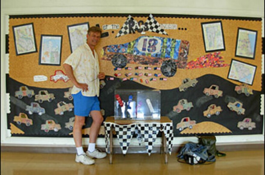 Christopher Murray, who plays Dean Rivers in Nickelodeon's "Zoey 101," is also the longtime announcer for Franklin Avenue Elementary's Pinewood Derby. He poses here in front of a Frank Romero-esque bulletin board advertising the weekend derby.