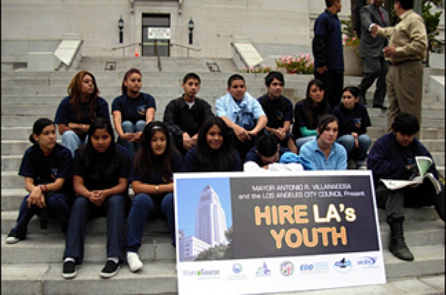 Kids and potential employees gather on the steps of L.A. City Hall to promote the city's summer jobs program.