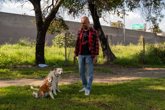 A male-presenting person stands in a grassy area by the freeway with two dogs sitting close by 