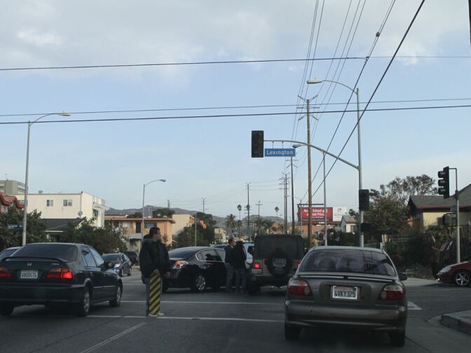 The wind blew down trees which caused traffic lights to go out and caused this car accident on Virgil Ave and Lexington near Silver Lake.