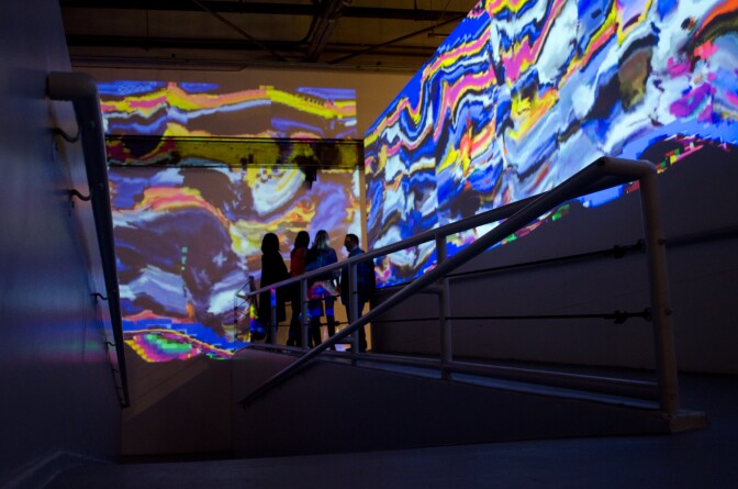 Ara Peterson's graphics presents a grand entrance and leads everyone into The Audio-Visual Club gallery experience.