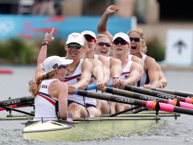 U.S. rowers Mary Whipple, Caryn Davies, Caroline Lind, Eleanor Logan, Meghan Musnicki, Taylor Ritzel, Esther Lofgren, Zsuzsanna Francia, and Erin Cafaro celebrate after winning the gold medal for the women's rowing eight in Eton Dorney, near Windsor, England, at the 2012 Summer Olympics, Thursday, Aug. 2, 2012.