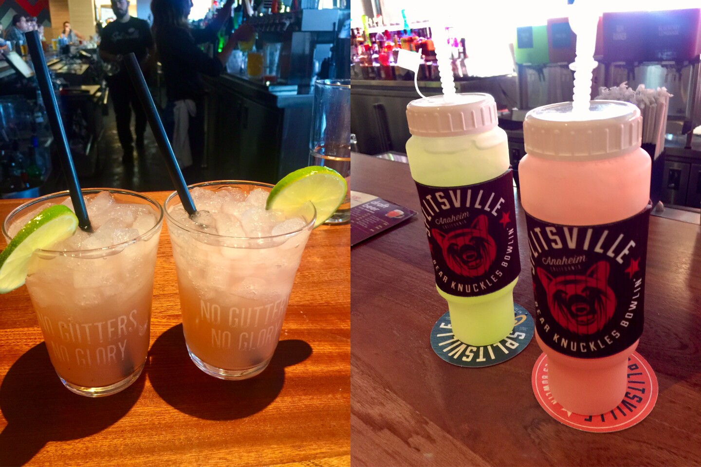 On the left are two glasses filled with ice and pale pink and green liquid. On the right are two water bottles filled with ice and pale pink and green liquid.