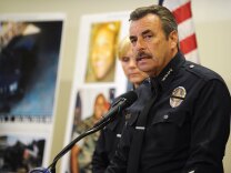 Los Angeles police Chief Charlie Beck gives a briefing on the case of Christopher Dorner, a fired LAPD officer wanted for three killings on February 7, 2013 in Los Angeles, California.