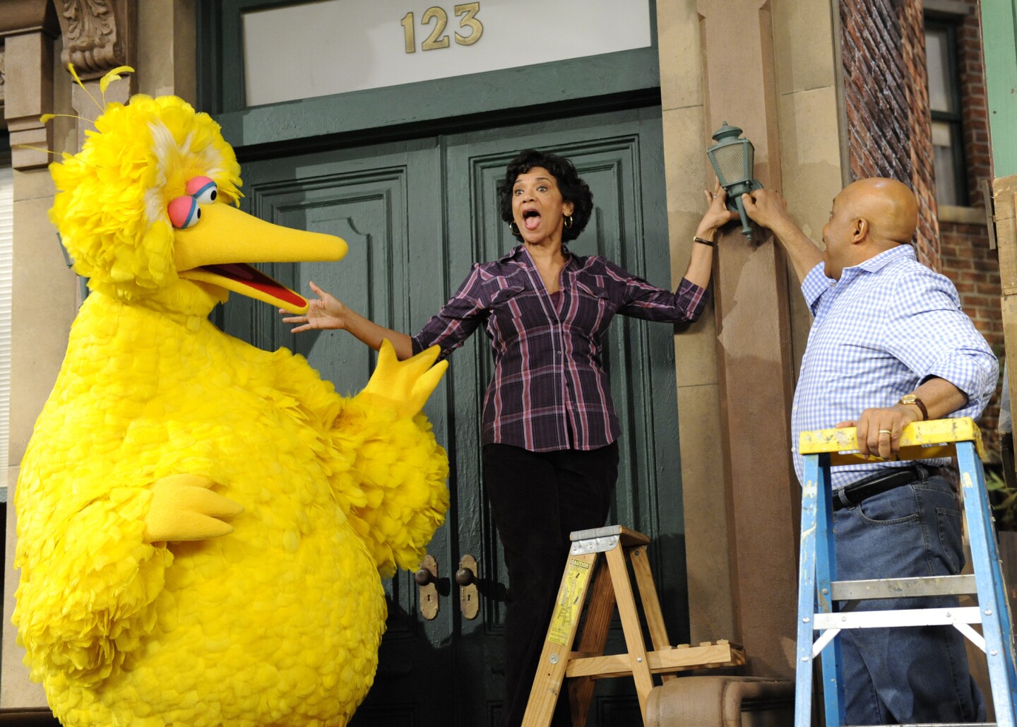 Big Bird, Sonia Manzano as Maria, and Gordon on 'Sesame Street.'