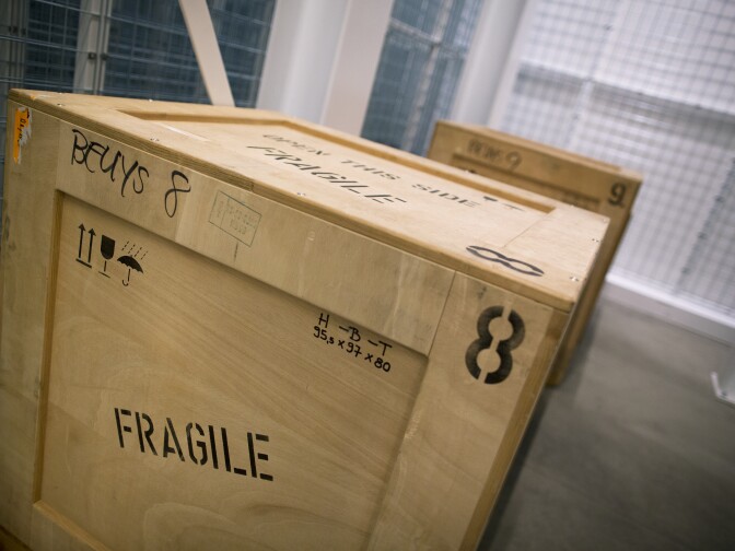 Storage boxes of works by Joseph Beuys sit in a temperature-controlled storage facility at The Broad. The museum also serves as the headquarters of The Broad Art Foundation’s worldwide lending library.