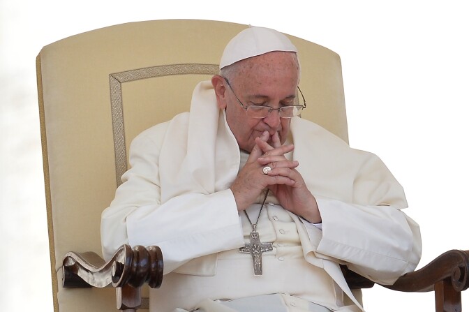 Pope Francis is pictured during his weekly general audience at St Peter's square on June 17, 2015 at the Vatican.  AFP PHOTO / ALBERTO PIZZOLI        (Photo credit should read ALBERTO PIZZOLI/AFP/Getty Images)