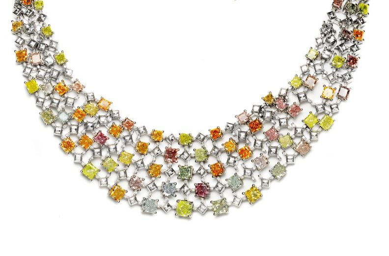 Rainbow Diamond Necklace on display as part of the "Diamonds: Rare Brilliance" exhibit at the Natural History Museum Los Angeles County