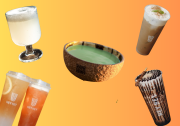 A collage of different drinks against a orange gradient background