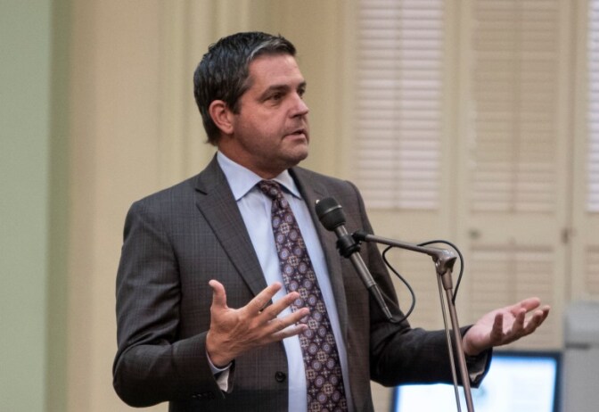 Assemblyman Jim Wood speaks on the Assembly floor on September 11, 2019. Wood insists that delaying the bill will not lead to its death, saying he is deeply committed to solving the state’s nursing home licensing problems.