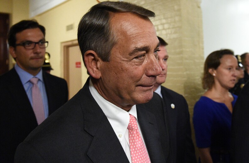 WASHINGTON, DC - SEPTEMBER 25: Speaker of the House John Boehner (R-OH) leaves after announcing his resignation on Capitol Hill, September 25, 2015 in Washington, D.C. Boehner announced his resignation from Congress at the end of October following intense pressure from conservatives in his party. (Photo by Astrid Riecken/Getty Images)