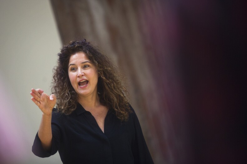Joan Scheckel leads during the final day of her three-day filmmaking lab inside her Hollywood studio on Sunday, May 3, 2015.