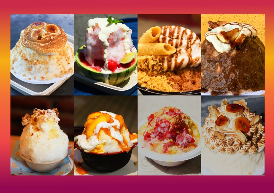 8 pictures of kakigori arranged in a grid of 2 rows against a pink, yellow and purple background