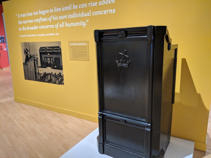 This pulpit is taken from Friendship Baptist Church in Pasadena, and is currently on display at the exhibit "How Sweet the Sound," at the California African American Museum. From this pulpit, Martin Luther King, Jr. addressed the congregation three times throughout his career.