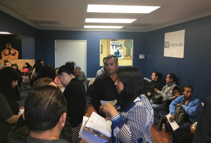 The crowded waiting room at El Rescate, a community organization and legal clinic just outside downtown Los Angeles, which recently held Saturday legal screenings for immigrants with Temporary Protected Status. Roughly 260,000 immigrants from El Salvador were the latest to learn that their protection will end next year. Some have been in the country for decades. President Trump has also canceled TPS protection for immigrants from Haiti, Nicaragua, and Sudan.