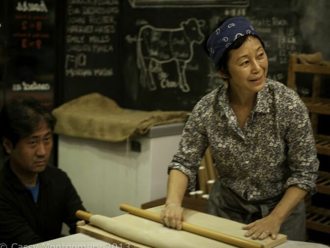 Food writer Sonoko Sakai teaches classes how to make the traditional soba noodles.