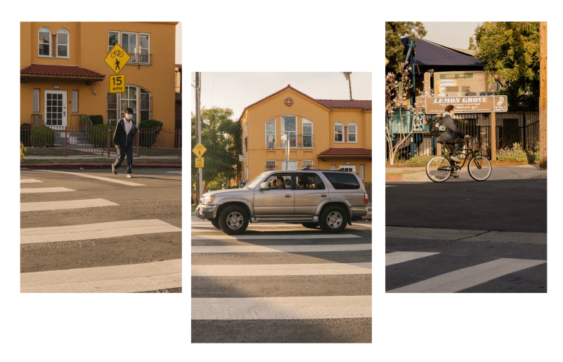 A triptych of a young boy crossing the street at the white striped crosswalk, a gray SUV at the same crosswalk with children sitting in the back, and a cyclist riding by the crosswalk in front of a wooden sign that reads "Lemon Grove."