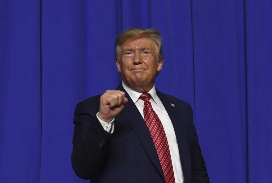 US President Donald Trump gestures after speaking during a visit to Pratt Industries plant opening in Wapakoneta, Ohio on September 22, 2019.