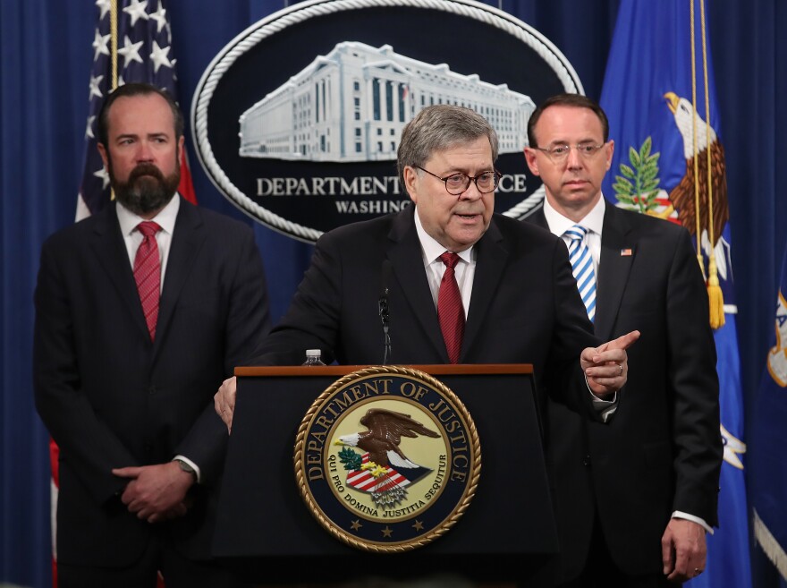 U.S. Attorney General William Barr speaks about the release of the redacted version of the Mueller report at the Department of Justice April 18, 2019 in Washington, DC. 