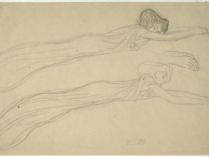 Gustav Klimt. Two Studies for the Floating Figures of the 'Longing for Happiness' in the 'Beethoven Frieze', 1901-1902.