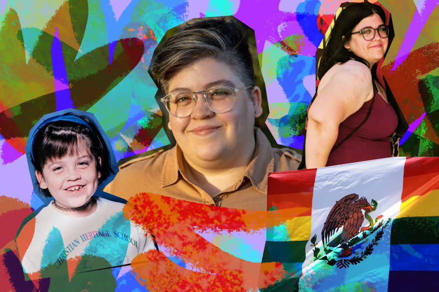A collage of Caitlin through the years, mixed with brought colors. In the center is a current portrait of them smiling with glasses on. Around them is an old yearbook photo from elementary school, a 2018 photo of them posing at Pride, as well as a Mexican pride flag.