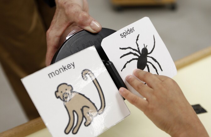 In this April 3, 2012, photo, teacher Bev Campbell holds up images of animals and insects for identification by students in her special education class at Amelia Earhart Elementary School in Hialeah, Fla. More than a dozen states have passed laws to reform how teachers are evaluated and include student growth as a component. For special education students measuring that growth is complicated. (AP Photo/Lynne Sladky)