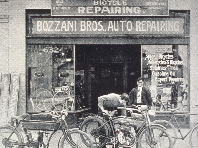 The Bozzani brothers' bicycle store, located adjacent to the Italian Hall in the heart of L.A.'s Little Italy. With the advent of the automobile, the Bozzani brothers became one of the earliest auto and motorcycle dealerships in the region.