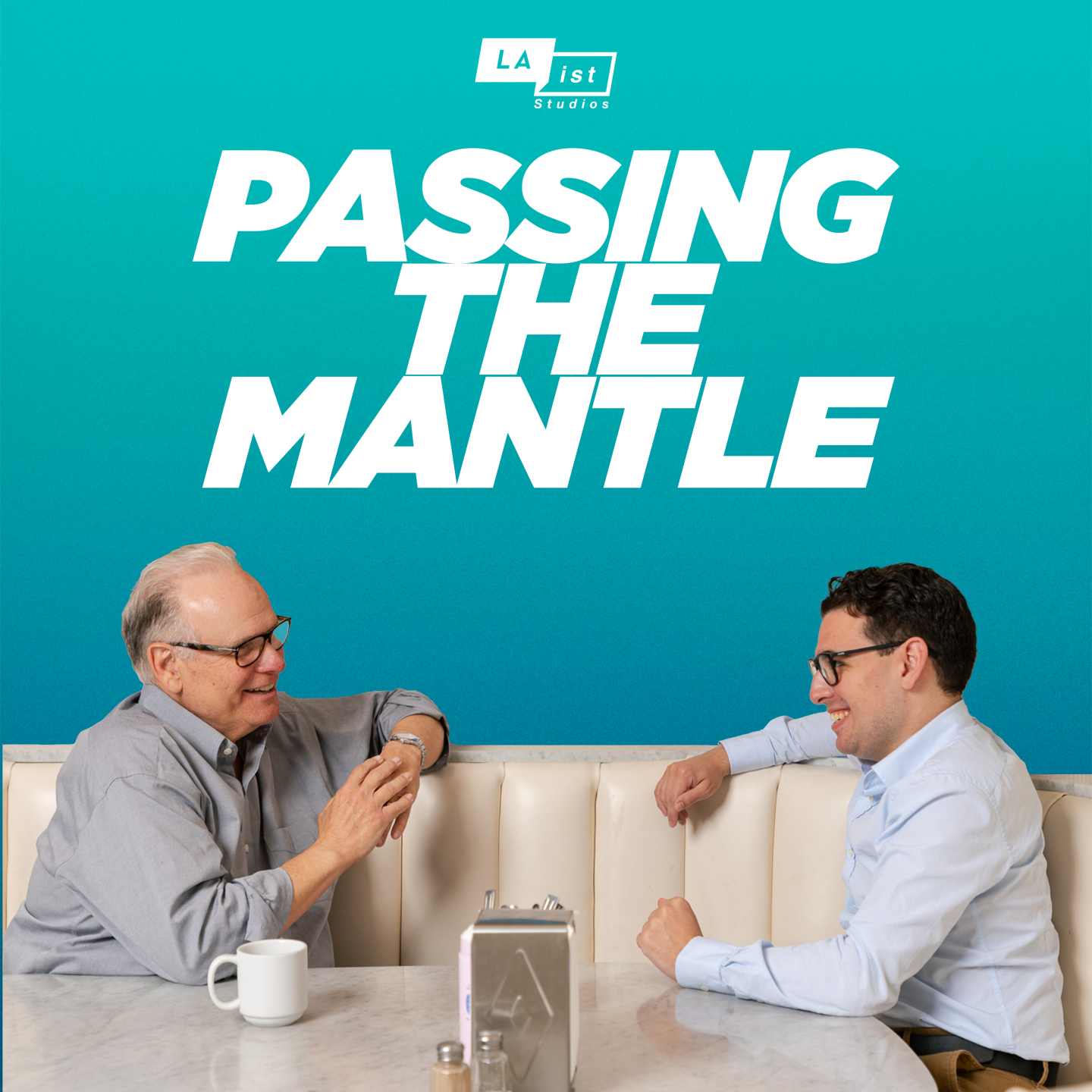 Larry Mantle & Desmond Mantle sit facing each in a dining booth with Passing The Mantle title overhead.