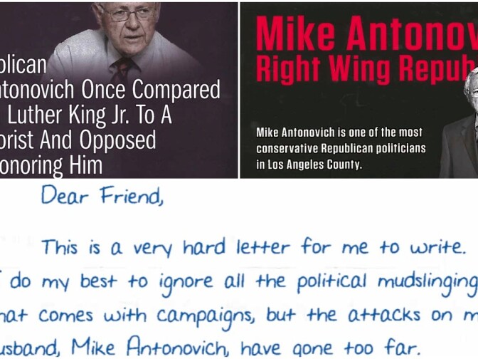 A collage feature mailers sent out opposing Mike Antonovich, as well as the opening of a letter from his wife, Christine Antonovich.